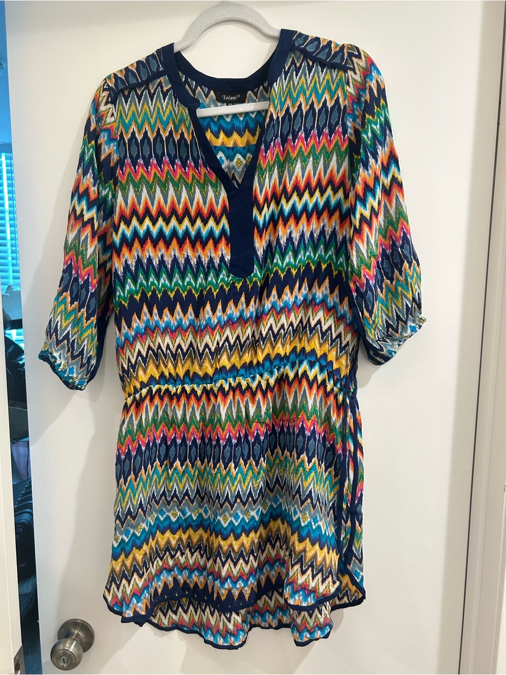 Tolani Multi-Color Chevron Mini Dress with Navy Trim